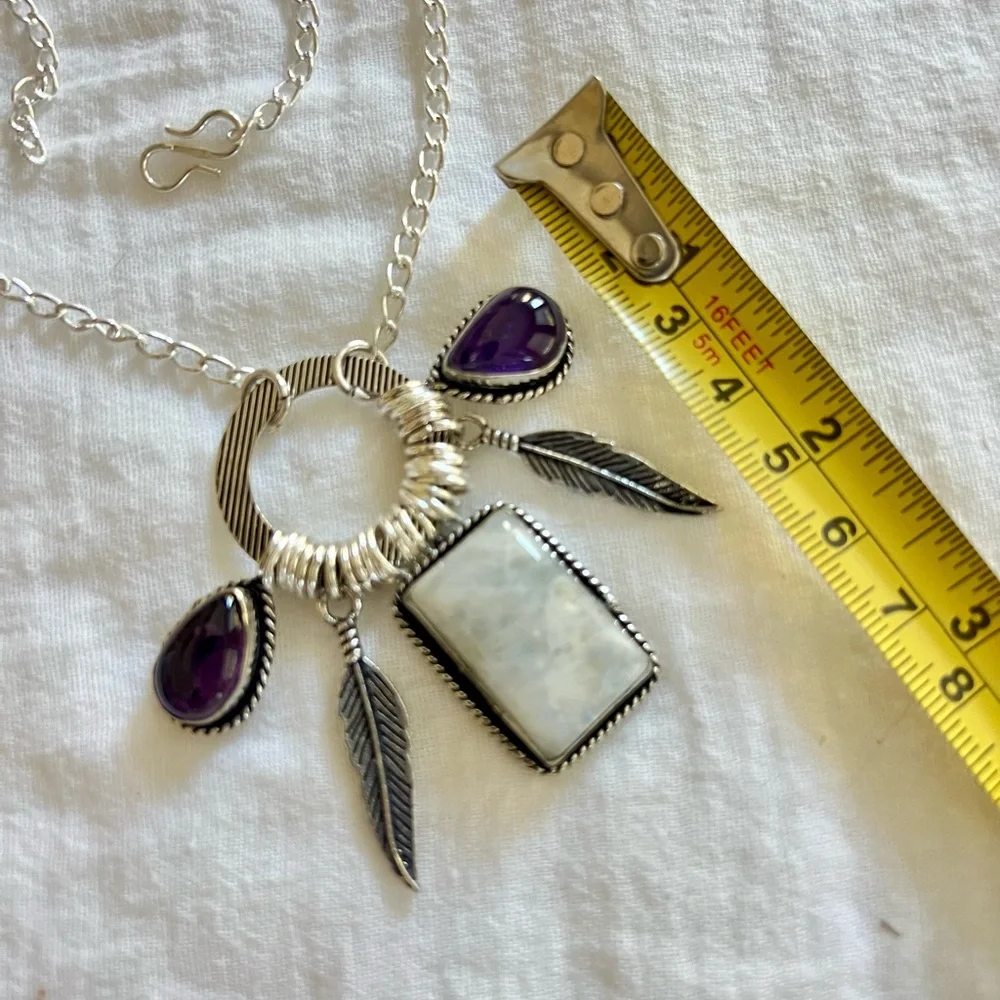 925 WOW WOW!! Amazing! Rainbow Flash Moonstone + Amethyst Feather Necklace - Picture 4 of 10